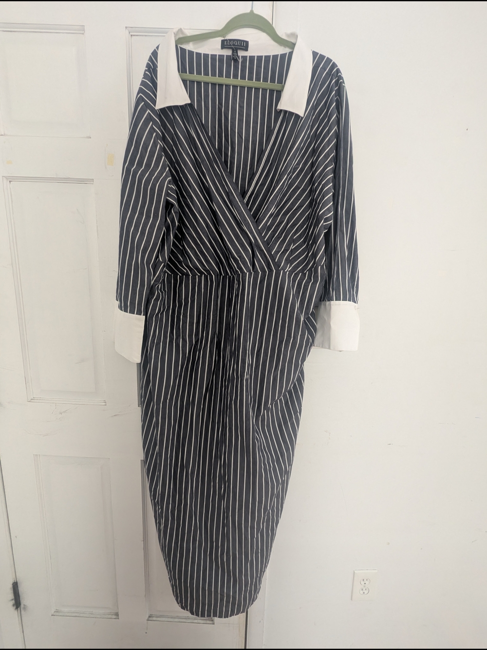 Eloquii Pinstripe Faux-Wrap Midi Dress with White Collar And Wide Cuffs.